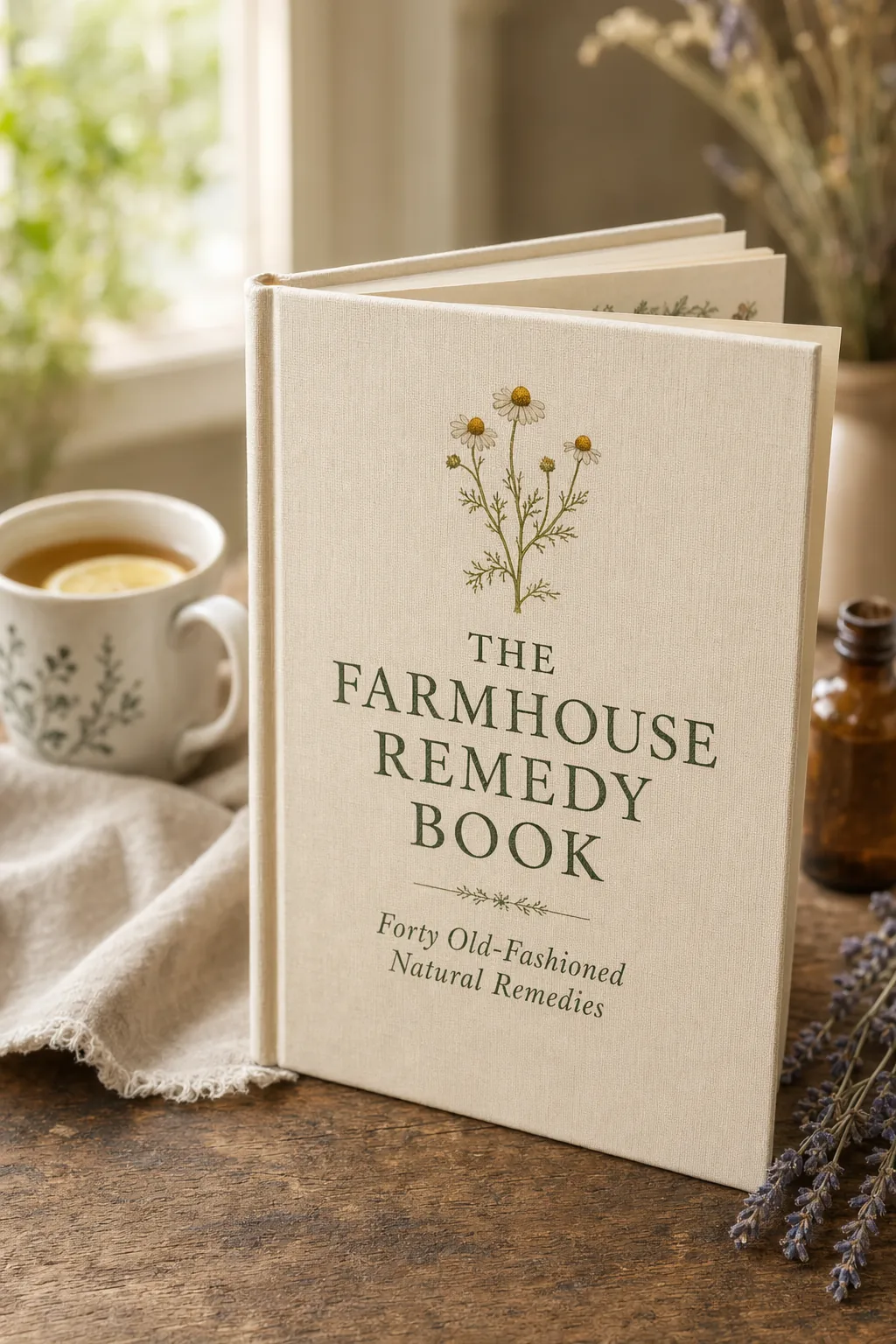 Cream linen hardcover of The Farmhouse Remedy Book standing on a wood table with tea, lavender, and an amber bottle in soft focus.