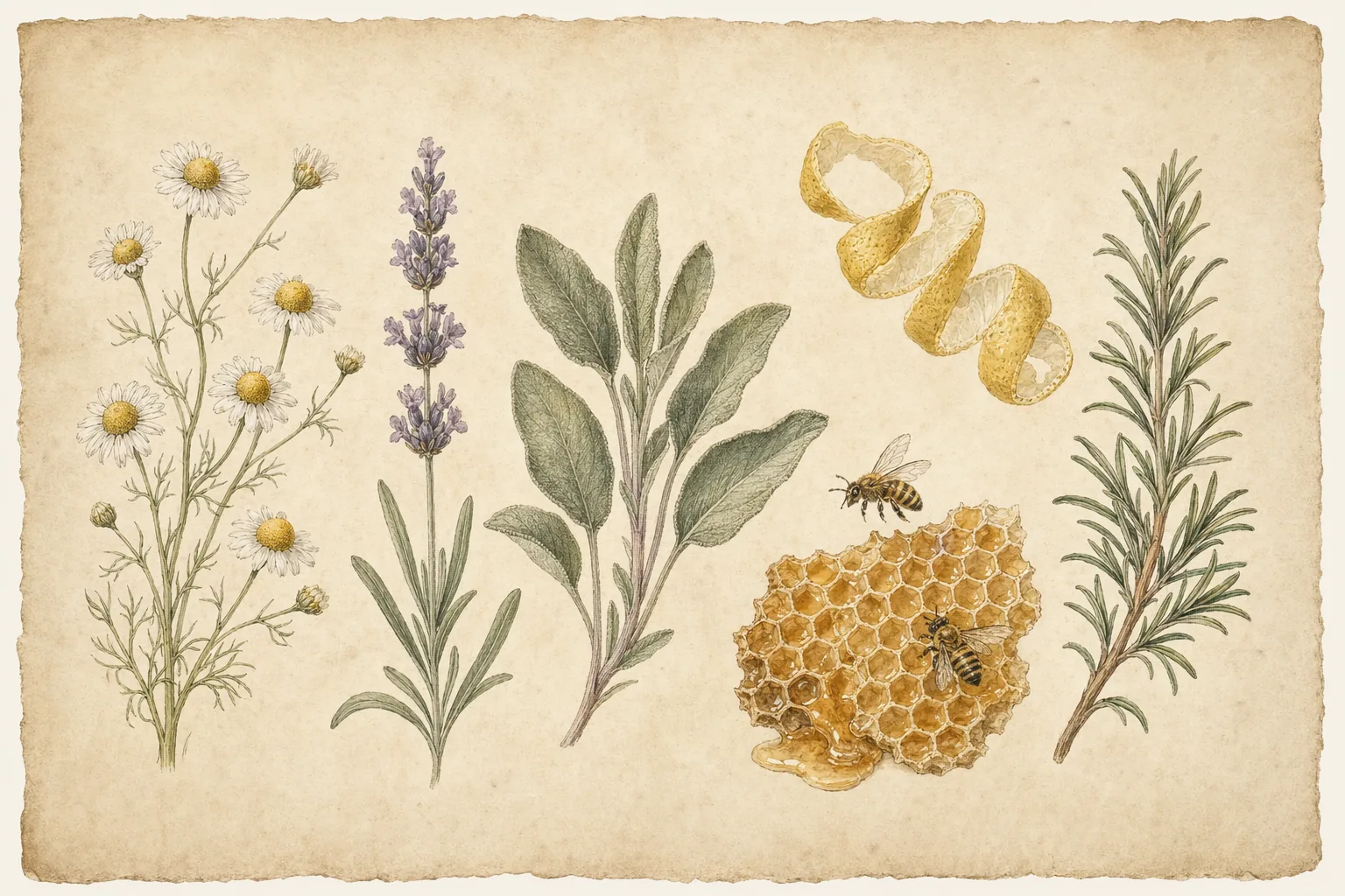 Vintage botanical herbarium plate on aged paper: chamomile, lavender, sage, lemon peel, honeycomb with bees, and rosemary.