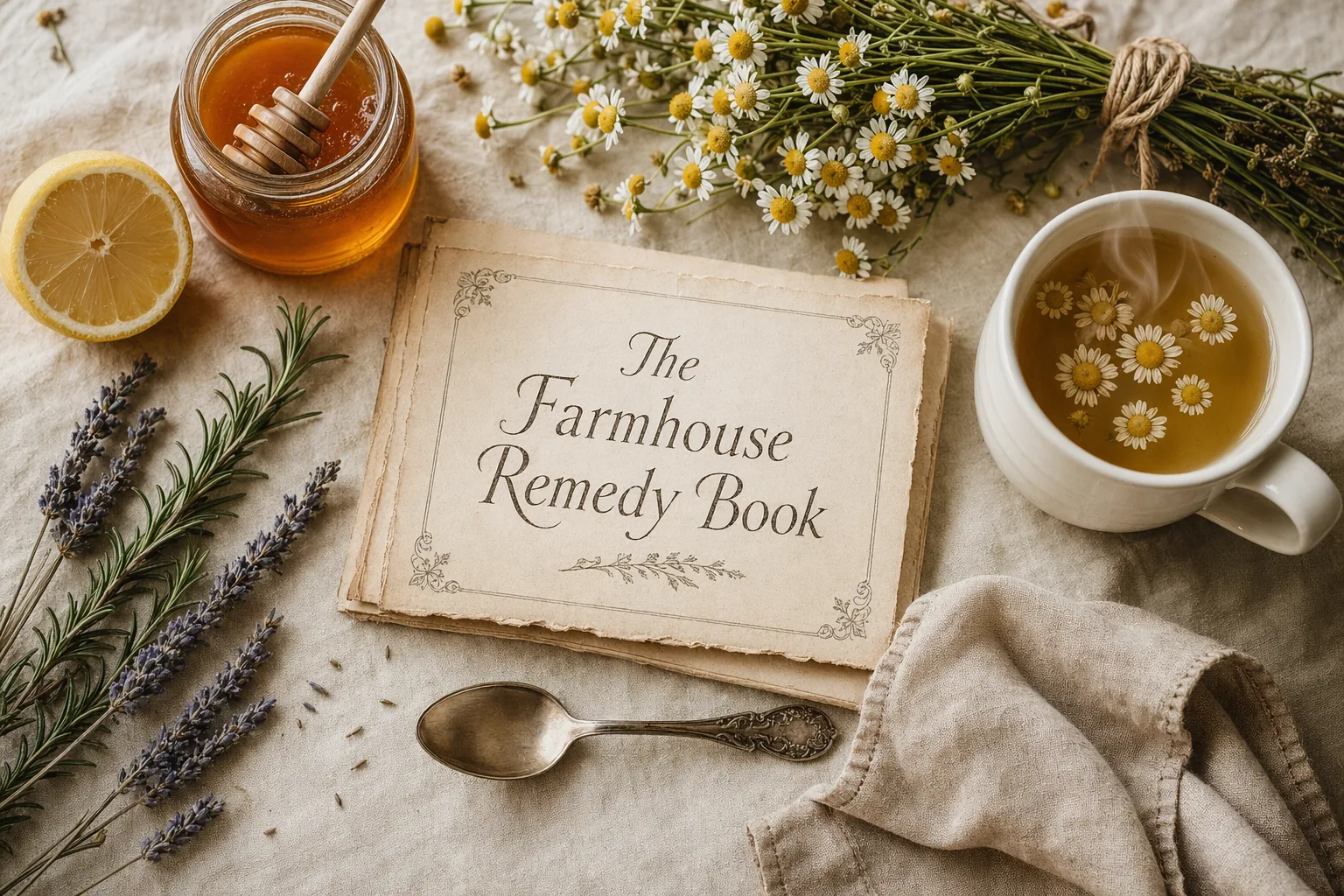 Overhead flat-lay: a cream recipe card titled “The Farmhouse Remedy Book,” a jar of honey, sliced lemon, fresh chamomile, lavender, and a mug of tea on linen.