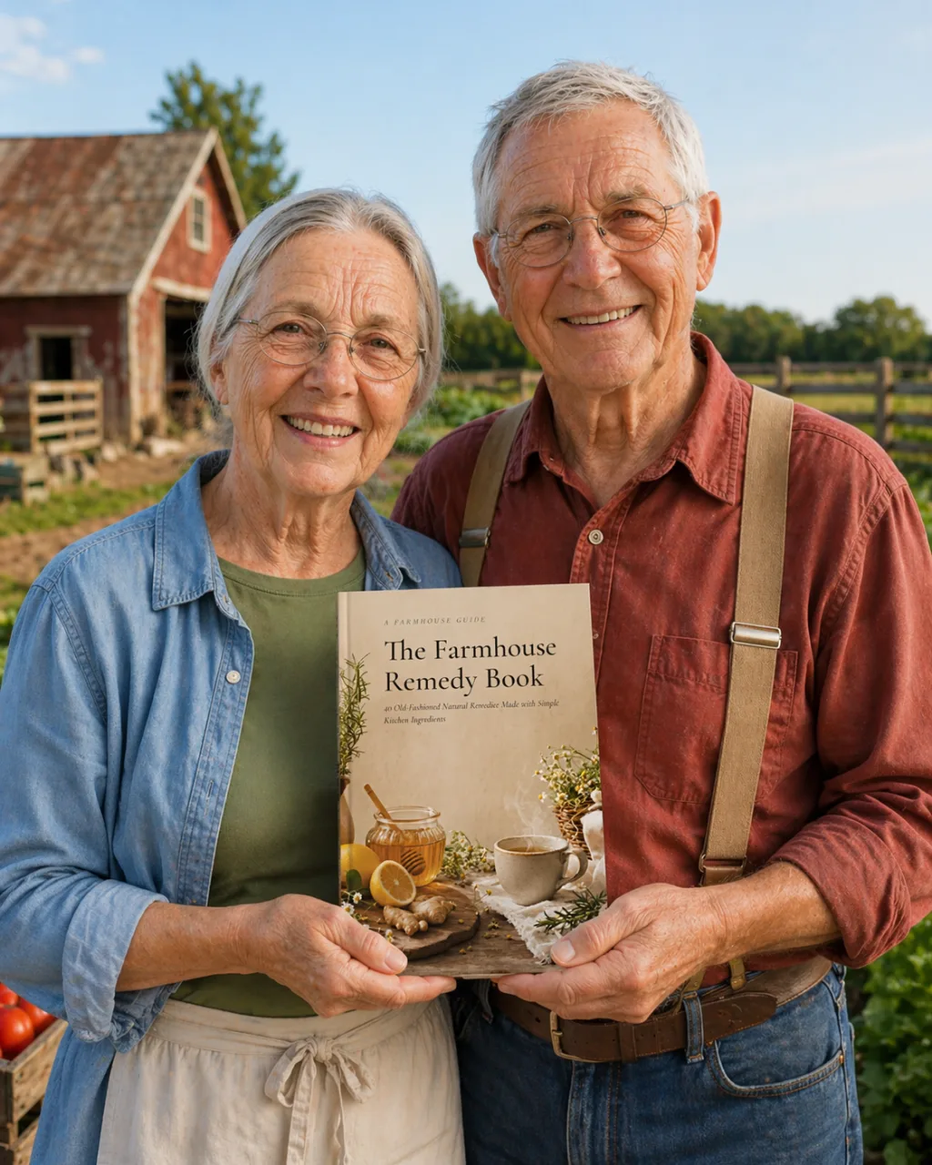 The founders of The American Farmstead standing together on their farm, holding a copy of The Farmhouse Remedy Book, with a red barn in the background.